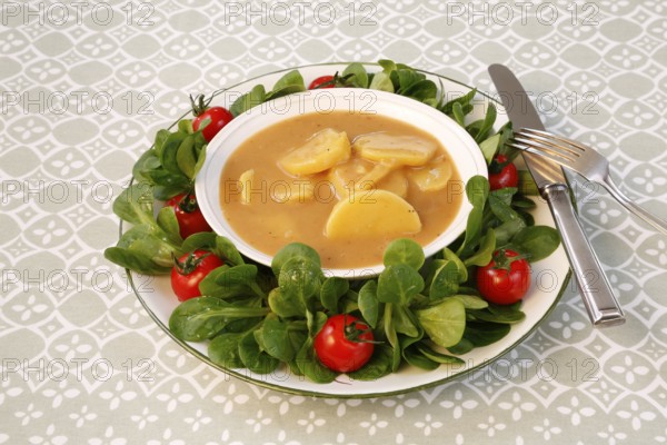 Swabian cuisine, sour potato wheels, potato slices in sour sauce, healthy cuisine, typical Swabian,