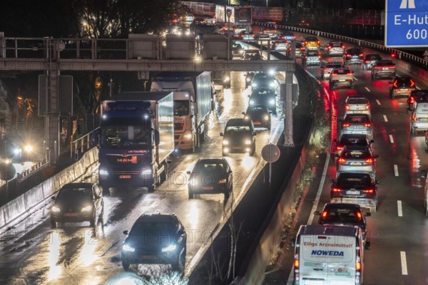Evening traffic jam on the A40 motorway, Essen-Huttrop junction, traffic jam in both directions,