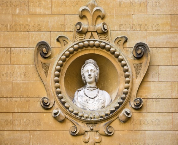 Holford family bust portrait in wall of Westonbirt House and School, Tetbury, Gloucestershire,