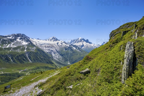 Mountain panorama with glaciated mountain peaks, Aiguille Verte and Glacier du Tour, hike to