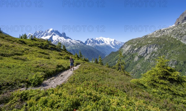 Mountaineer on hiking trail, mountain panorama with glaciated mountain peaks, Aiguille Verte with