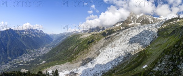 Panorama, mountain landscape with glacier Glacier des Bossons and summit of the Aiguille du Midi,
