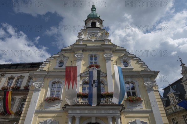 Flags in front of the town hall during the Kulmbach Beer Week, Kulmbach, Upper Franconia, Bavaria,