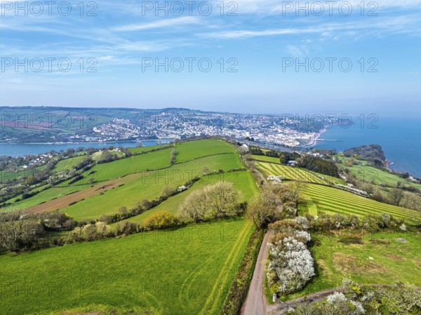 Farms and Fields over River Teign from a drone, Teignmouth, Shaldon, Devon, England, United