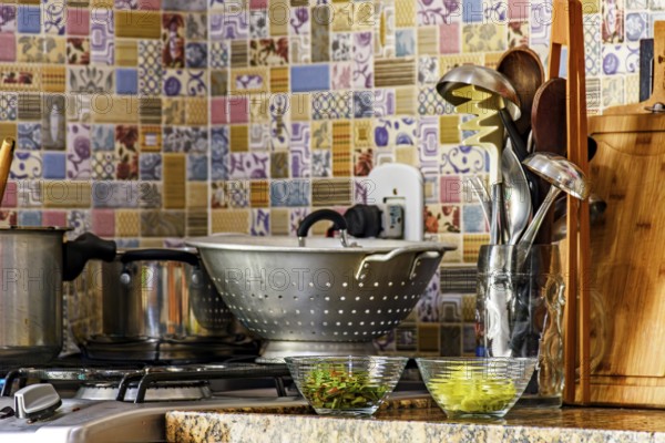 Real domestic scene of a kitchen and its utensils, Belo Horizonte, Minas Gerais, Brazil, South