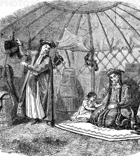 Family in a yurt in Mongolia, in 1870, Historical, digital reproduction of an original from the