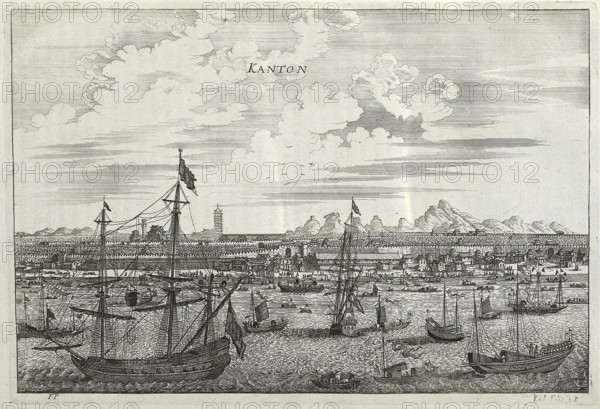 The harbour and the city of Canton, China, 17th century, Historical, digitally restored
