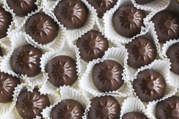 Top view and close-up of hand made fine milk chocolates in opened chocolate box, Studio