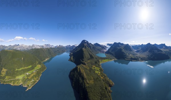 Glacier tongue of the Svartisen glacier with glacial lake and fjord, Helgeland coast, Nordland,