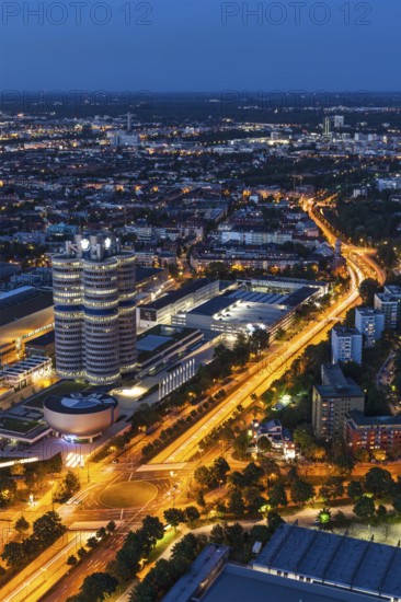 MUNICH, GERMANY, MAY 11: Aerial view of BMW Museum & BWM Welt & factory from Olympic Tower in the