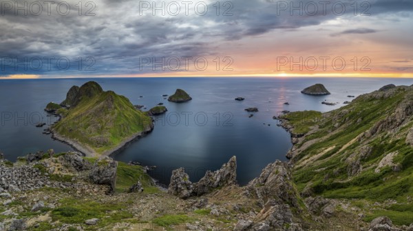 Rugged coastline with islands at sunset, Bufjellet, Nykvåg, Langøya Island, Vesterålen, Northern