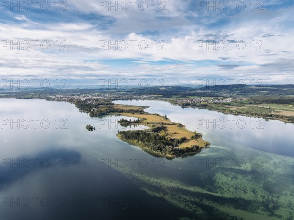 Aerial view of the Mettnau peninsula near Radolfzell on Lake Constance, the Hegau mountains on the