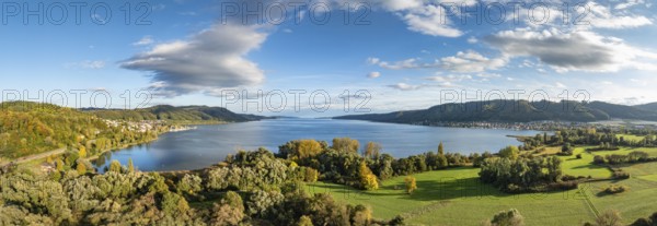Aerial view, panorama of the Stockach Aach estuary with autumn vegetation at the northwest bay of
