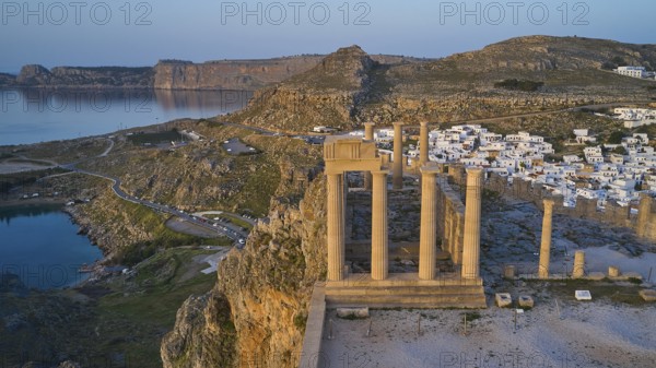 Drone shot, first morning light, Lindos, Acropolis of Lindos, Temple of Athena Lindia, Acropolis