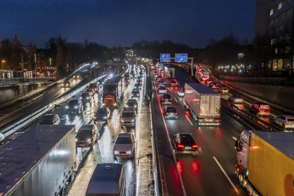 Evening traffic jam on the A40 motorway, Essen-Huttrop junction, traffic jam in both directions,