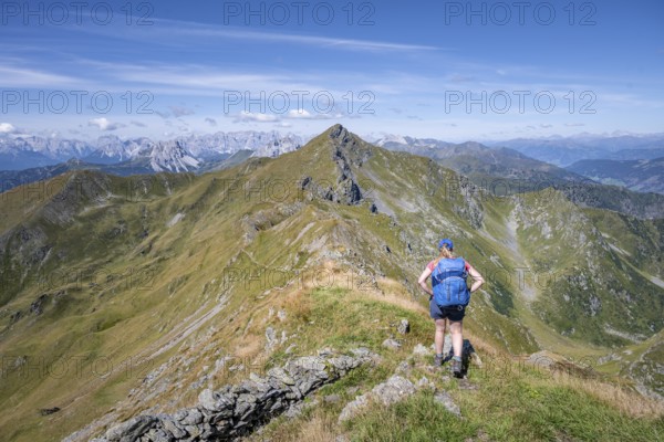 Hiker on the Carnic High Trail, Carnic Main Ridge, Carnic Alps, Carinthia, Austria, Europe