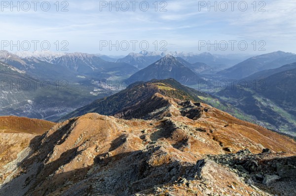 Kreuzjoch summit, view of Tschirgant summit and the Oberinntal valley and into the Pitztal valley,
