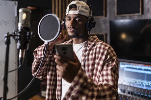 Young man recording vocals for new hit album in professional music studio, using pop filter and
