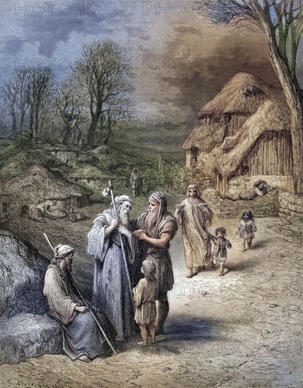 Pilgrims being fed by peasants, Historical, digitally restored reproduction from a 19th century