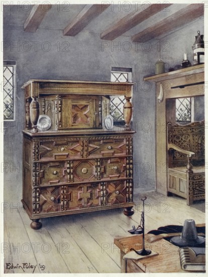 Furniture around the turn of the century 1900, The Putnam cupboard of English oak and cedar, Carved
