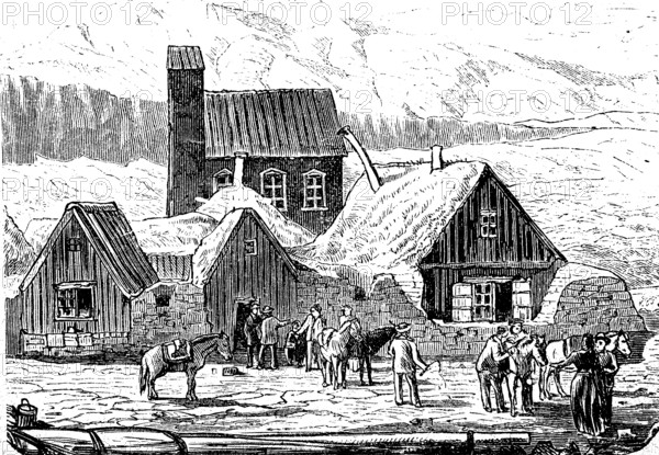 Country vicarage and church in Thingvalla in Iceland, in 1870, Historical, digital reproduction of