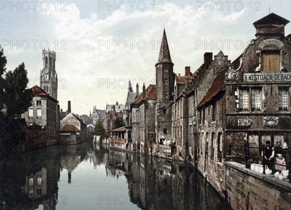 The Canal and Belfry, Bruges, Belgium, Historical, digitally restored reproduction from a 19th