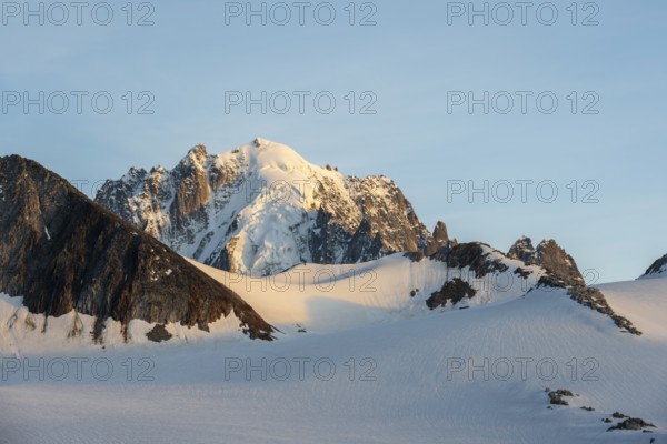 High alpine mountain landscape at sunset, Glacier du Tour, Glacier and mountain peaks in the