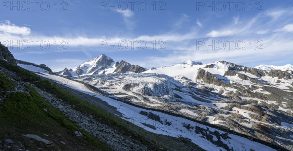 High alpine mountain landscape, summit of the Aiguille de Chardonnet and Glacier du Tour, glaciers
