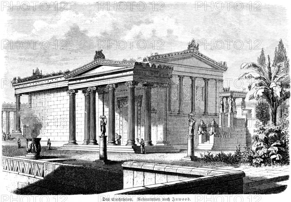 Erechtheion Temple Acropolis Athens, Ionic architectural style, garden, palm trees, Greeks in