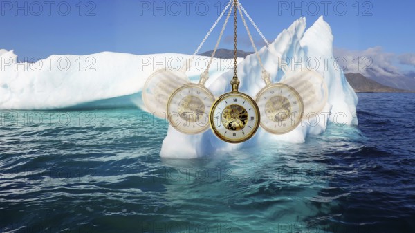 Symbol photo, iceberg, glacier melt, climate change, environmental protection, threat, clock, time,