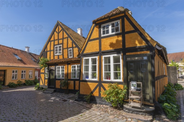 Fåborg, Faaborg, picturesque old town with colourful houses, half-timbered houses, plants, gabled