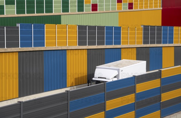 Colourful noise barriers on the A52 motorway, at the Essen-Rüttenscheid junction, the noise