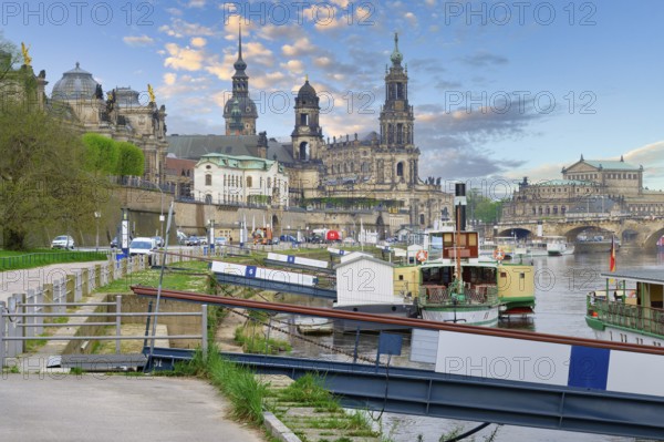 Historic center viewed from the Elbe with the Cathedral of the Holy Trinity and the Semperoper,