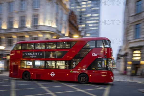 Red double-decker bus, wipe-clean image, Regent Street, evening mood, London, London region,