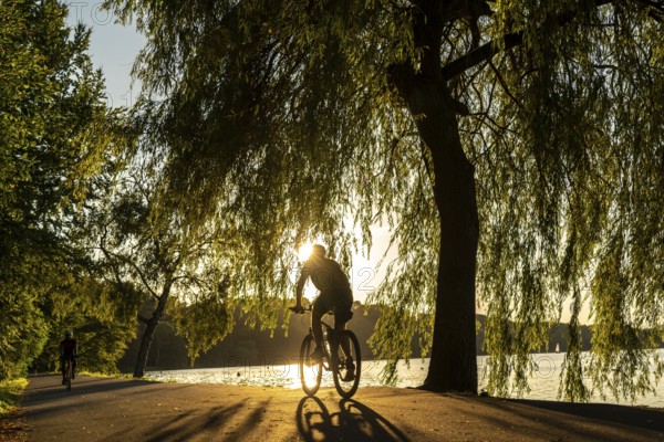 Cycling on Lake Baldeney, around 14 kilometres around the Ruhr reservoir, summer evening on the