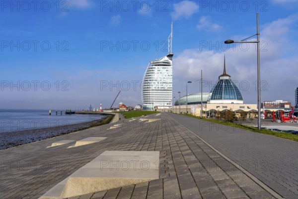 Skyline of Bremerhaven, Atlantic Sail City Hotel skyscraper, Klimahaus, harbour worlds, Weser dyke,