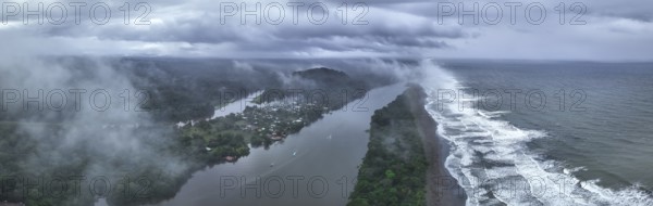 Aerial view, beach and sea, coast with rainforest, Tortuguero National Park, Costa Rica, Central