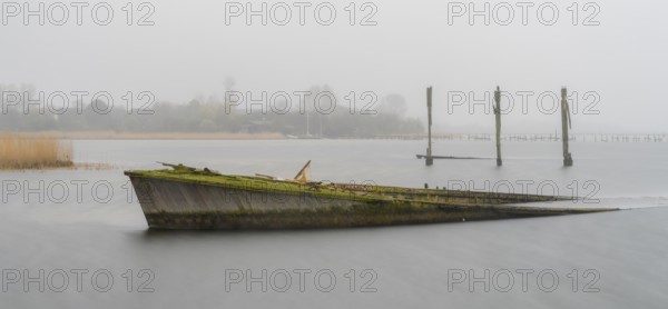 Long exposure, ship's bow in the Bodden, Dranske, Rügen, Mecklenburg-Western Pomerania, Germany,