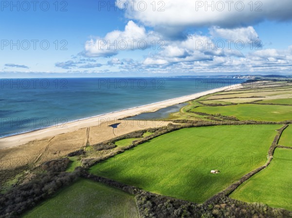 Farms over Swyre and West Bexington from a drone, West Bexington Nature Reserve, S W Coast Path,