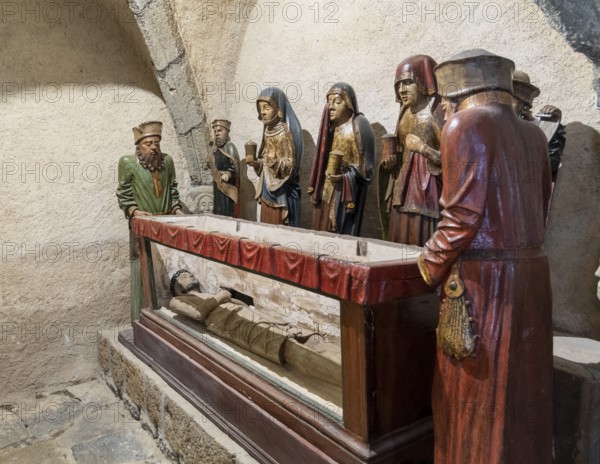 Life-size polychrome wooden entombment at Eglise Saint-Roch in Aubazat, Haute-Loire, Haut Allier,