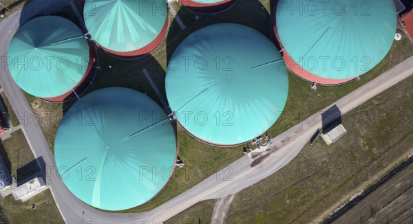 Aerial view of a biogas plant, energy production from biomass at an agricultural business,