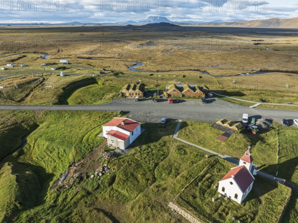 Mödrudalur farm and guesthouse northwest of Egilsstadir, aerial view of church, restaurant and