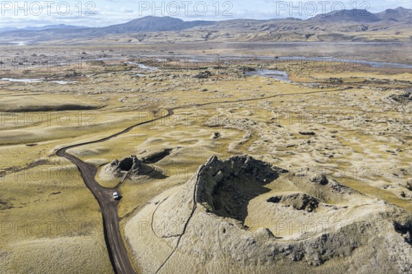 Craters of the Laki crater row, top down view, viewing platform, 4x4 car on road F206, Skafta river