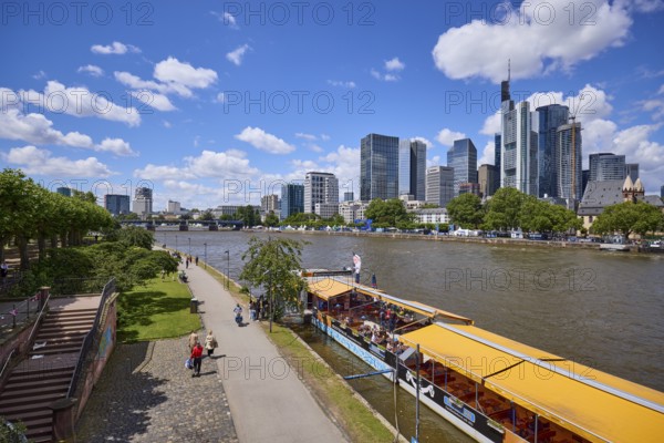 Riverside promenade on the Main with high-rise buildings and Untermainbrücke bridge in Frankfurt am