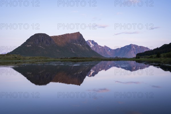 Landscape on the Lofoten Islands. Vagspollen bay, with Offersoykammen mountain behind it. The
