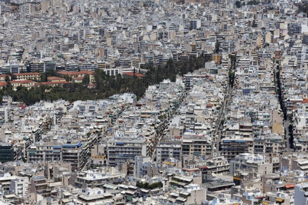 View of the city centre from Lycabettus Hill, Lykavittos, sea of houses with little greenery,