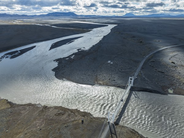 Bridge over river Jökuls a Fjöllum, ringroad no. 1, Mt. Herdubreid in the back, aerial view,
