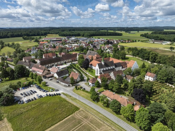 Aerial view of the village of Heiligkreuztal with the cathedral and the former Cistercian nunnery,