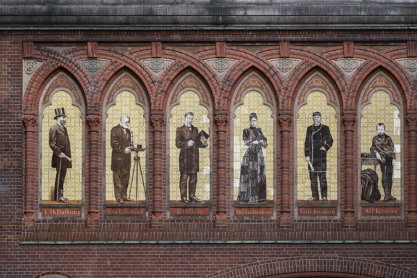 Frieze with historical figures on decorative tiles, including Carl and Ottilia Jacobsen, Dipylon or