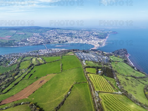 Farms and Fields over River Teign from a drone, Teignmouth, Shaldon, Devon, England, United